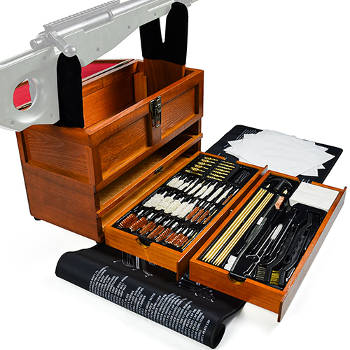 Deluxe wooden case universal gun cleaning kit with gun rest